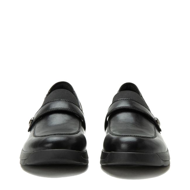 Front of Alegria Women's Janna Penny Loafers in Ink Black Leather