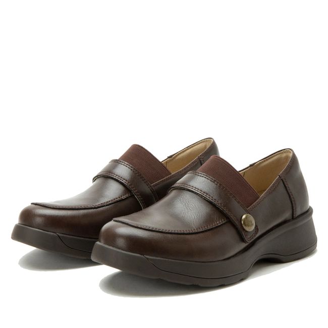 Pair of Alegria Women's Janna Loafers in Dark Chocolate Brown Leather