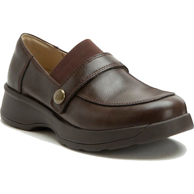 Front angled view of Alegria Women's Janna Loafer in Dark Chocolate Brown Leather