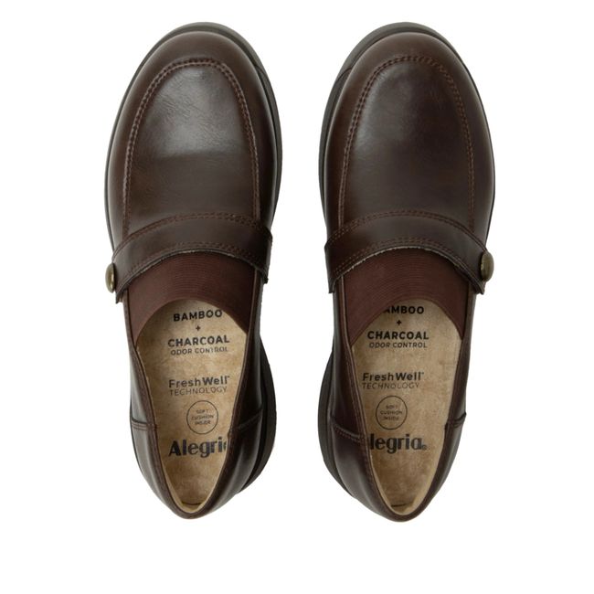 Upper of Alegria Women's Janna Loafers in Dark Chocolate Brown Leather