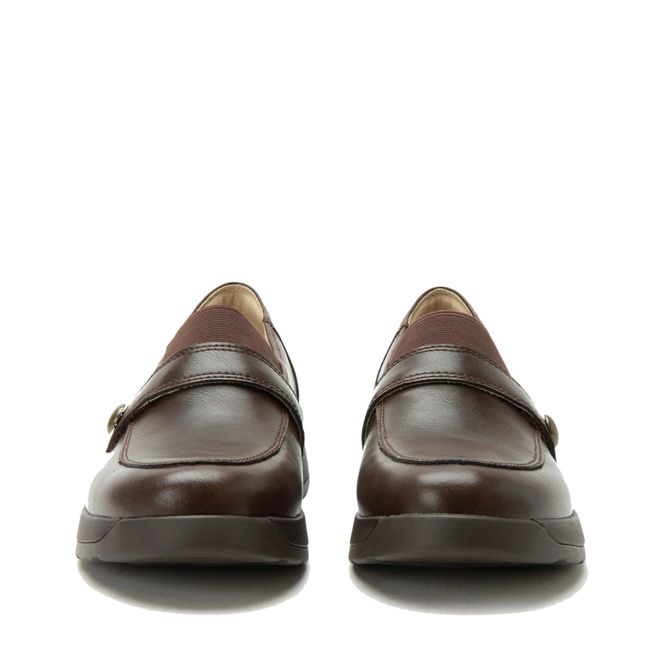 Front of Alegria Women's Janna Loafers in Dark Chocolate Brown Leather