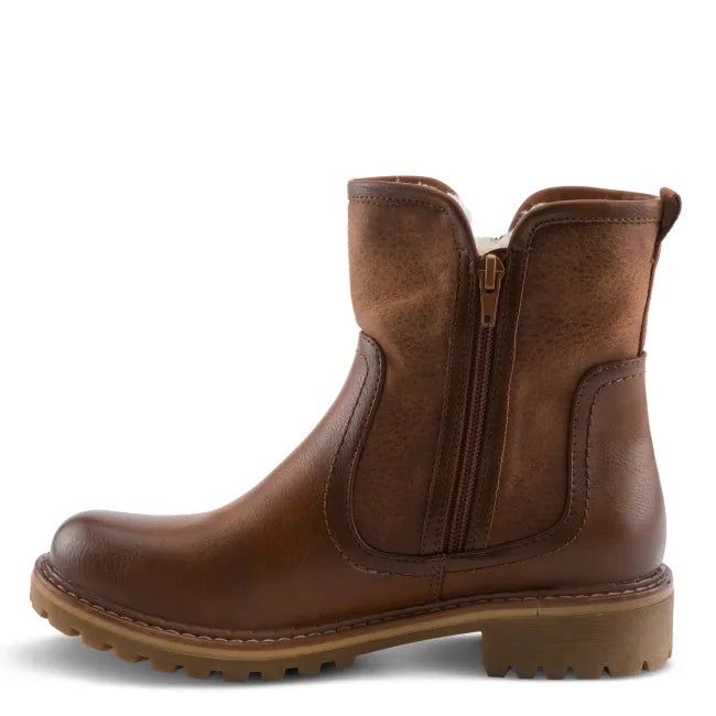 Medial side of Spring Step Women's Jovany Boot in cognac brown leather with side zipper