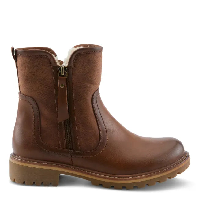 Lateral side of Spring Step Women's Jovany Boot in cognac brown leather with side zipper