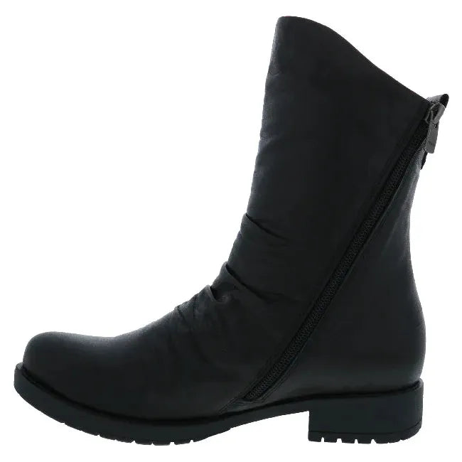 Medial side of Women's Biza Jade Boot in black leather with dual side zippers