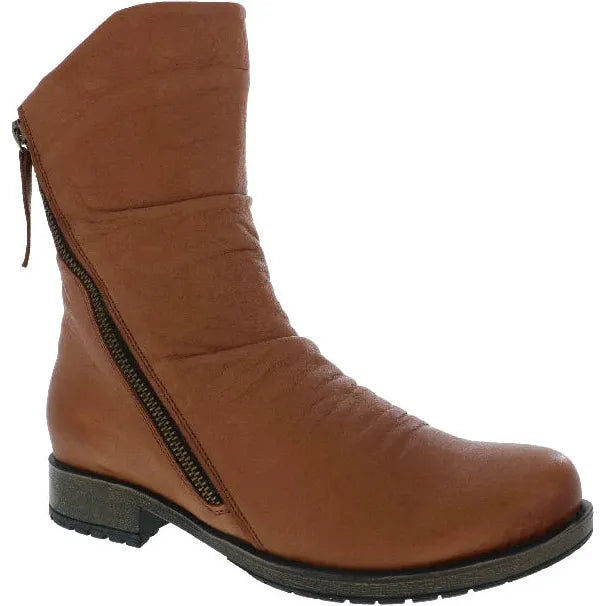 Front angled view of Women's Biza Jade Boot in Cognac brown leather with dual side zippers