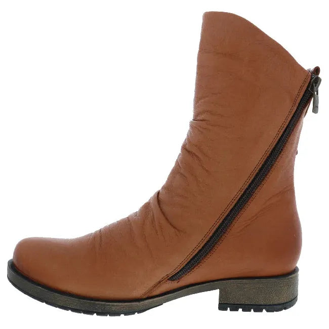 Medial side of Women's Biza Jade Boot in Cognac brown leather with dual side zippers