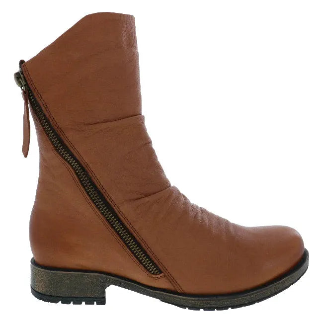 Lateral side of Women's Biza Jade Boot in Cognac brown leather with dual side zippers