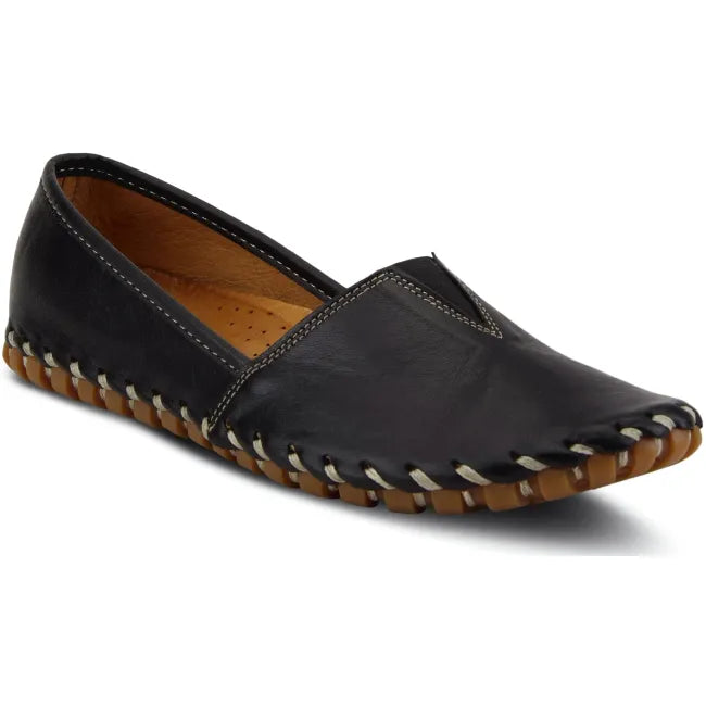 Front angled view of black leather Spring Step Women's Kathaleta Slip On Shoe
