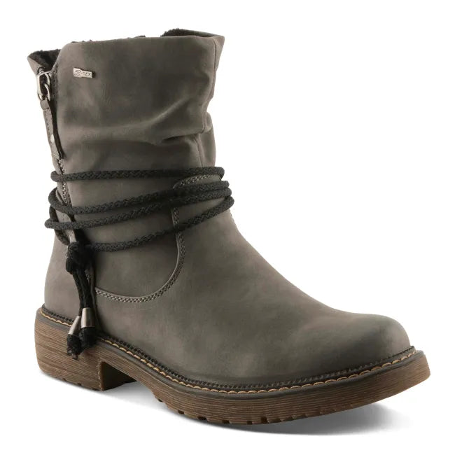 Front angled view of Spring Step Women's Relife Kathie Boot in grey leather with side zipper