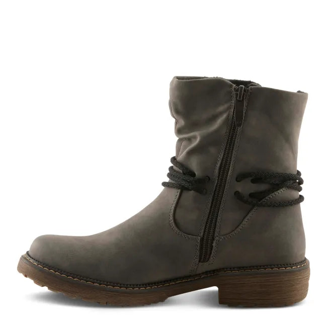 Medial side of of Spring Step Women's Relife Kathie Boot in grey leather with side zipper