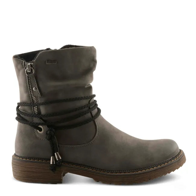 Lateral side of Spring Step Women's Relife Kathie Boot in grey leather with side zipper