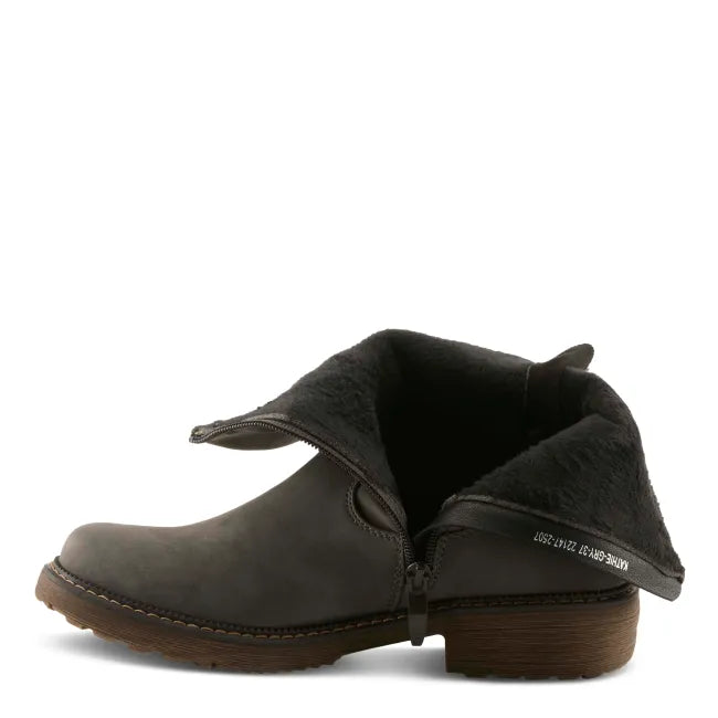 Medial side of grey Spring Step Women's Relife Kathie Boot in showing faux fur inside lining