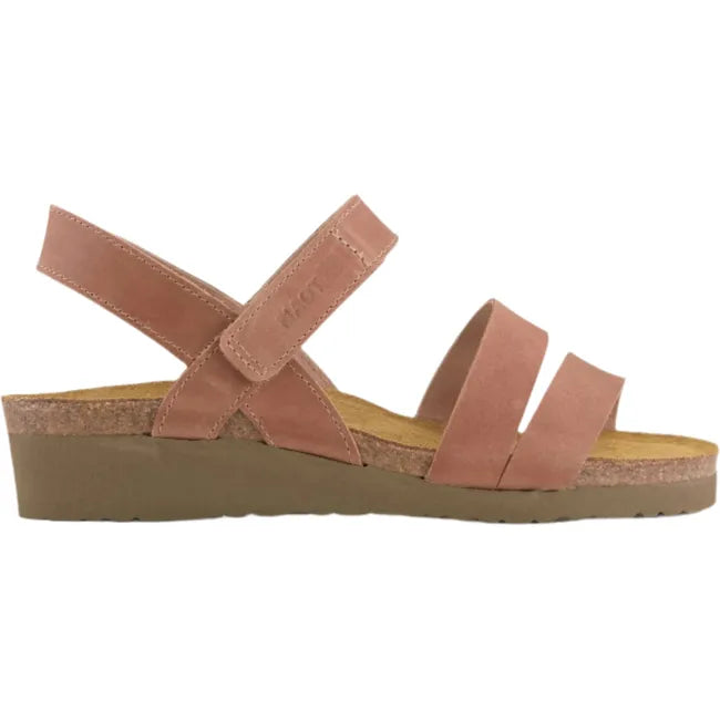 Lateral side view of Naot Women's Kayla Sandal in brown leather, featuring three supportive straps, a hook and loop velcro closure at the instep, and a backstrap for stability, with a suede-wrapped anatomic cork and latex footbed.