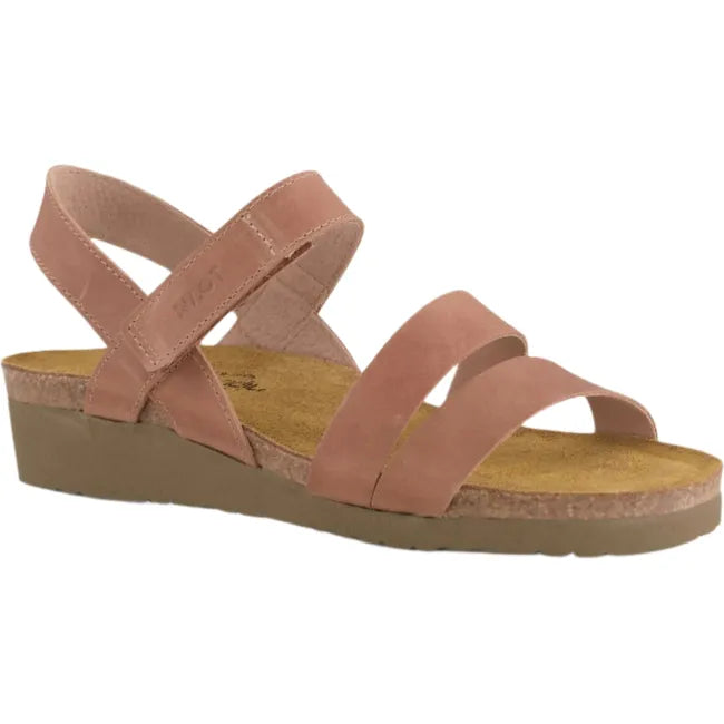 Lateral side angled view of Naot Women's Kayla Sandal in brown leather, featuring three supportive straps, a hook and loop velcro closure at the instep, and a backstrap for stability, with a suede-wrapped anatomic cork and latex footbed.