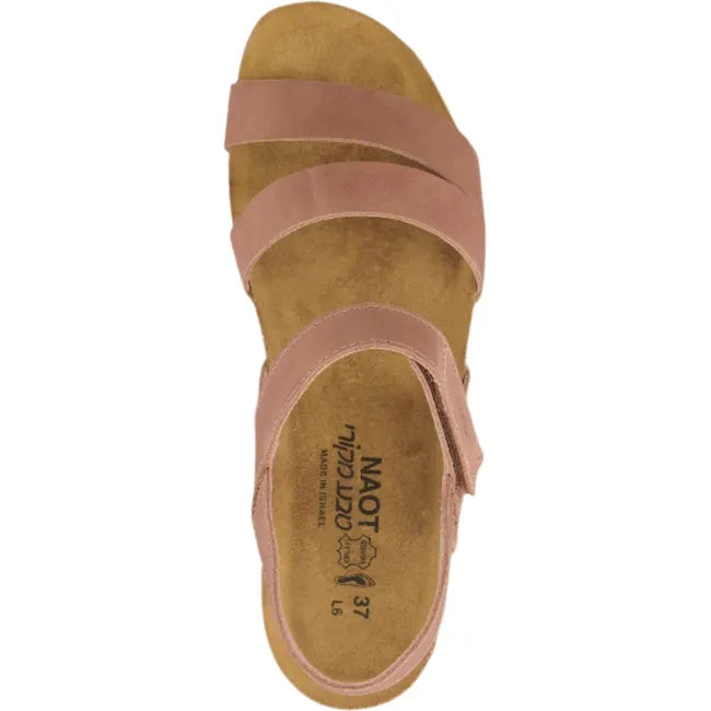 Top view of Naot Women's Kayla Sandal in brown leather, featuring three supportive straps, a hook and loop velcro closure at the instep, a backstrap, and a suede-wrapped anatomic cork and latex footbed.