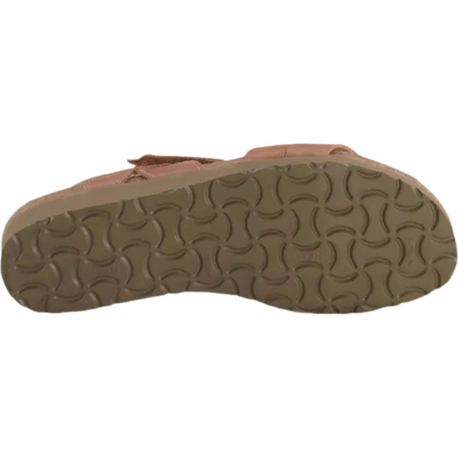 Sole view of Naot Women's Kayla Sandal in brown leather, featuring a 1.5-inch EVA outsole with a low tread pattern.