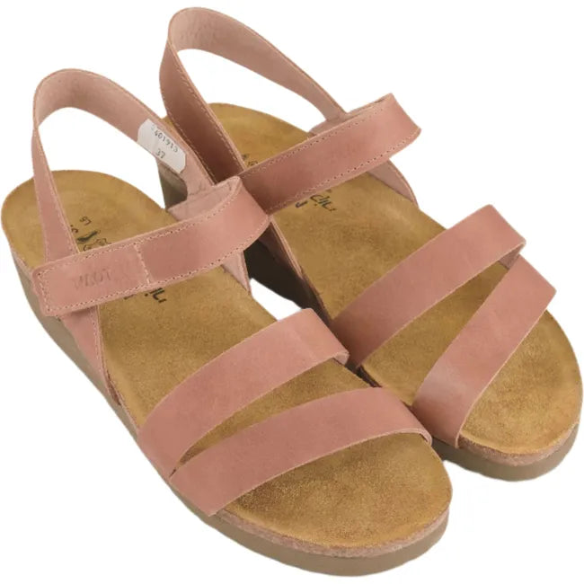 Overhead view of a pair of Naot Women's Kayla Sandals in brown leather, featuring three supportive straps, hook and loop velcro closures at the instep, backstraps for stability, and suede-wrapped anatomic cork and latex footbeds.