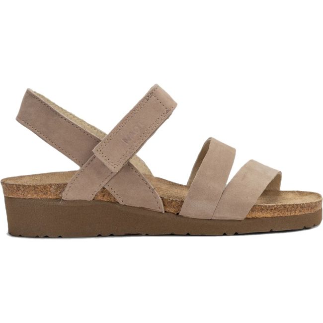 Lateral view Naot Women's Kayla Sandal in stone nubuck with cork midsole