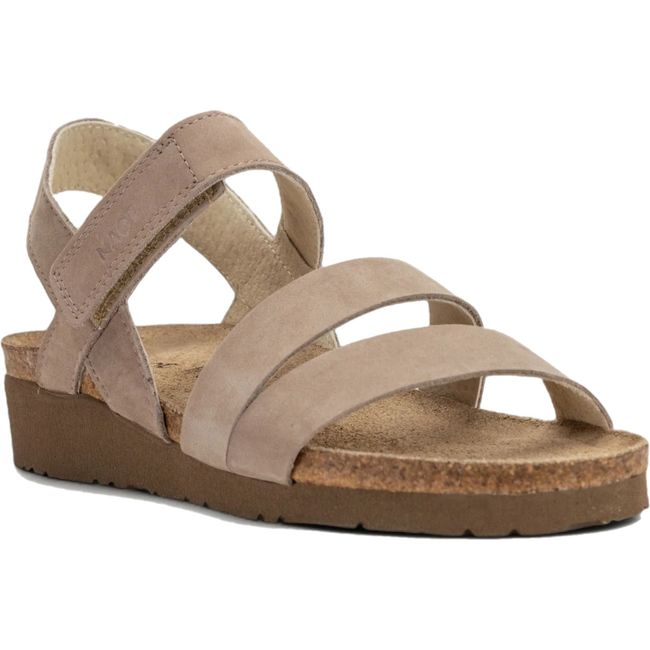 Front angled view Naot Women's Kayla Sandal in stone nubuck with cork midsole