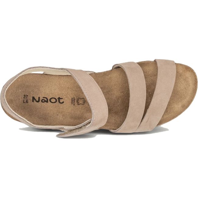 Top down view Naot Women's Kayla Sandal in stone nubuck with cork midsole