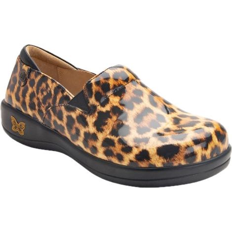 Front angled view of Alegria Women's Keli Shoe in leoaprd print