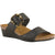 Lateral side angled view of Naot Women's Kingdom Wedge Sandal in black, featuring an oversized buckle, a 1.75-inch polyurethane wedge heel, and a suede-wrapped anatomic cork and latex footbed.