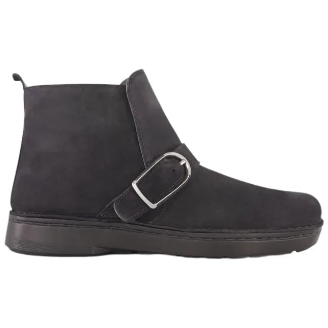 Lateral side view of Kolmer Ankle Boot in charcoal suede, featuring a stylish buckle accent, and a 1.25-inch slip-resistant polyurethane sole.