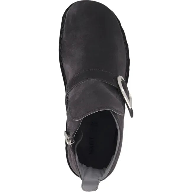 Top view of Kolmer Ankle Boots in charcoal suede, showcasing the stylish buckle accents, inside zippers, soft leather inner lining, and slip-resistant polyurethane soles.