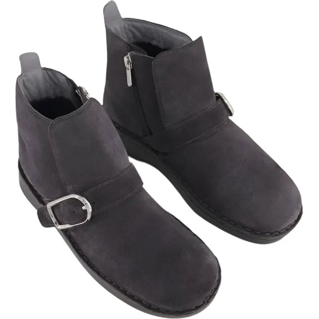 Overhead view of a pair of Kolmer Ankle Boots in charcoal suede, showcasing the stylish buckle accents, inside zippers, and slip-resistant polyurethane soles.
