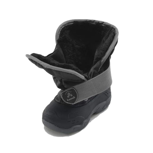 Velcro strap open showing black fur of Kamik Kids' Snowbug 5 Snow Boot in Black