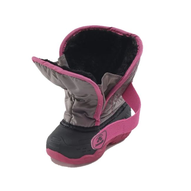 Velcro strap open showing black fur of Kamik Kids' Snowbug 5 Snow Boot in Grey Pink