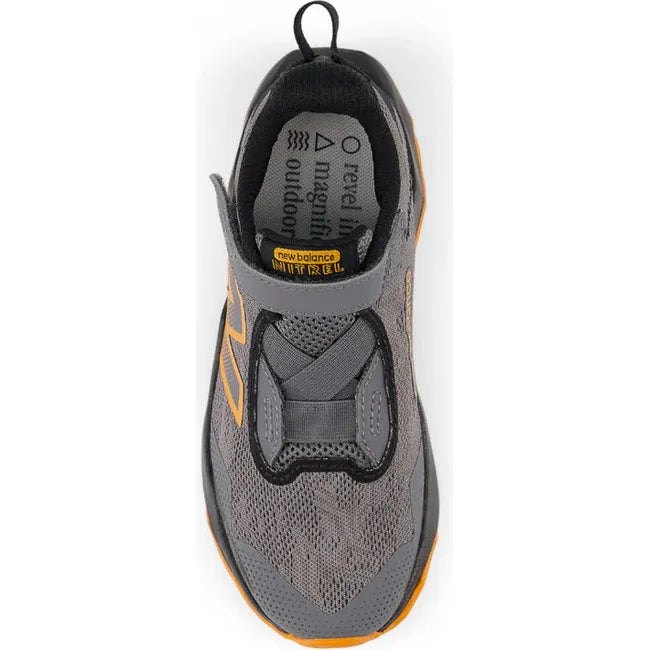 Velcro upper of New Balance Little Kids' DynaSoft Nitrel V6 Trail Running Shoe in castlerock gray