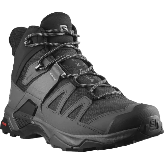 Front of Men&#39;s Salomon X Ultra 4 Mid Gore-Tex Hiking Boot in black with Goretex waterproofing