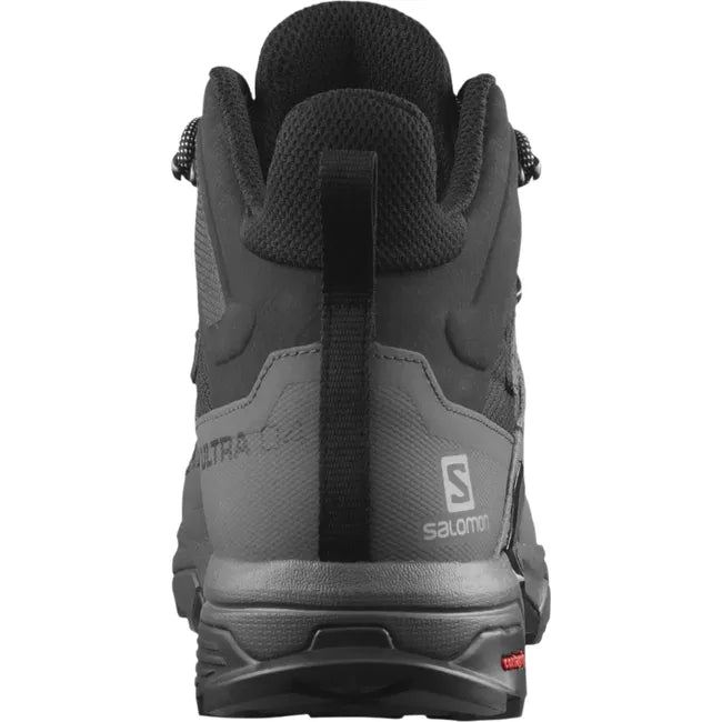 Heel of Men&#39;s Salomon X Ultra 4 Mid Gore-Tex Hiking Boot in black with goretex waterproofing