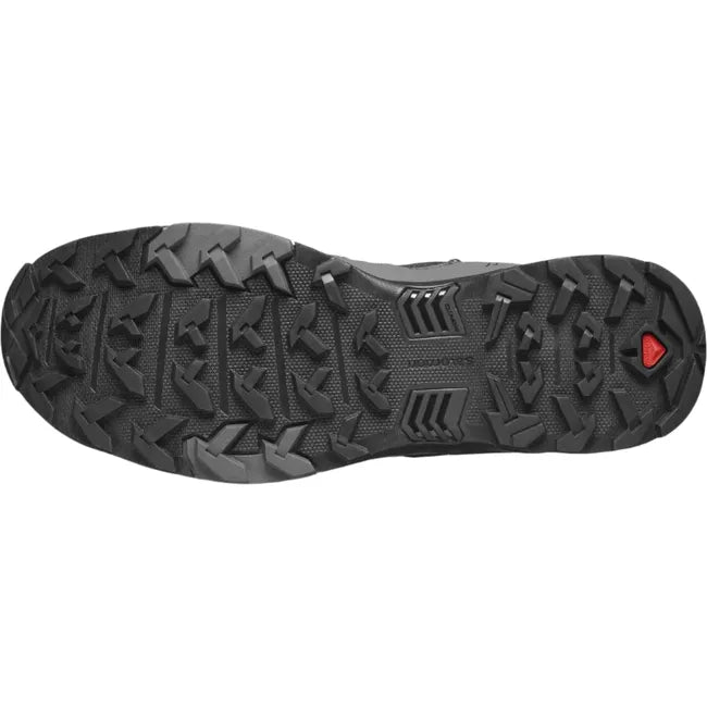 Sole of Men&#39;s Salomon X Ultra 4 Mid Gore-Tex Hiking Boot with black rugged tread