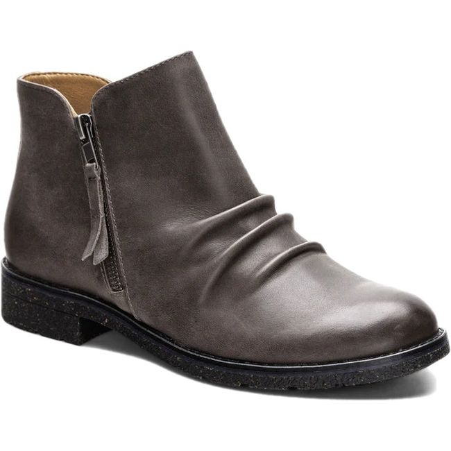 Front angled view of Women's Aetrex Mila Arch Support Low Boot in charcoal grey leather