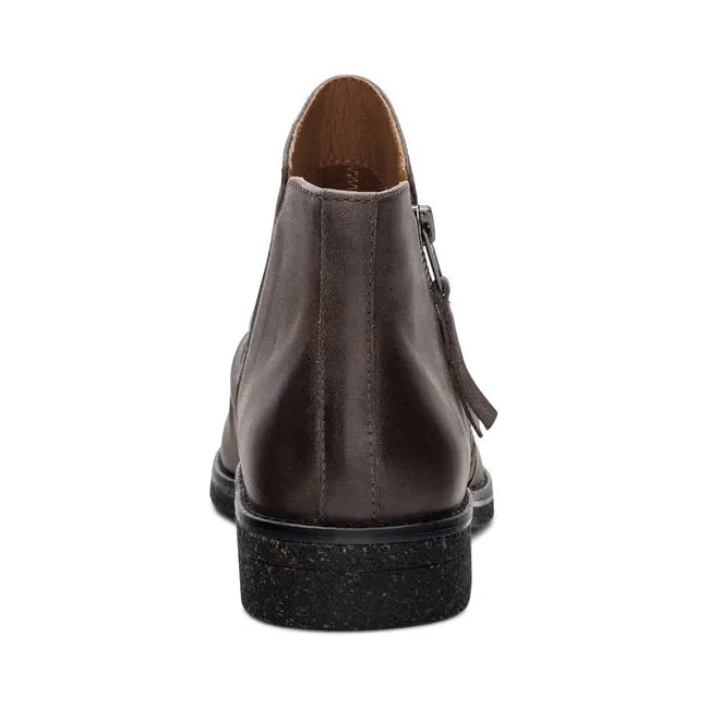 Heel of Women's Aetrex Mila Arch Support Low Boot in charcoal grey leather with side zipper