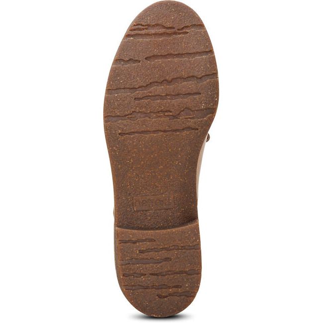 Sole of Womens Aetrex Gina Oxford shoe in tan leather with low block heel