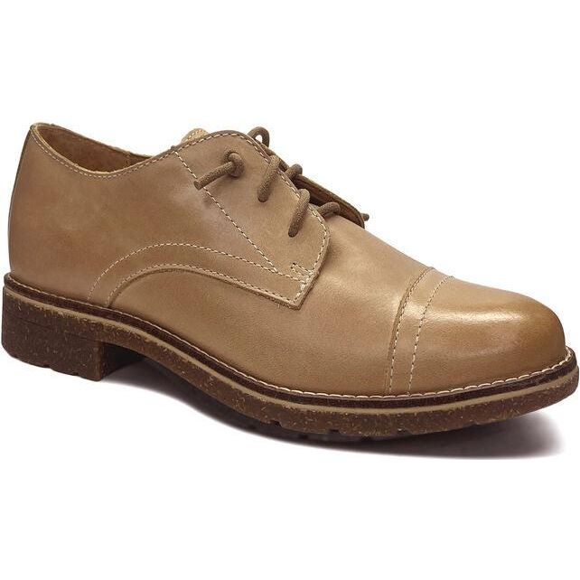 Front angled view of Womens Aetrex Gina Oxford shoe in tan leather with laces and toe cap