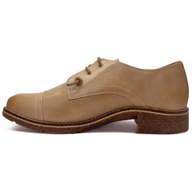 Medial side of Womens Aetrex Gina Oxford shoe in tan leather with laces and toe cap
