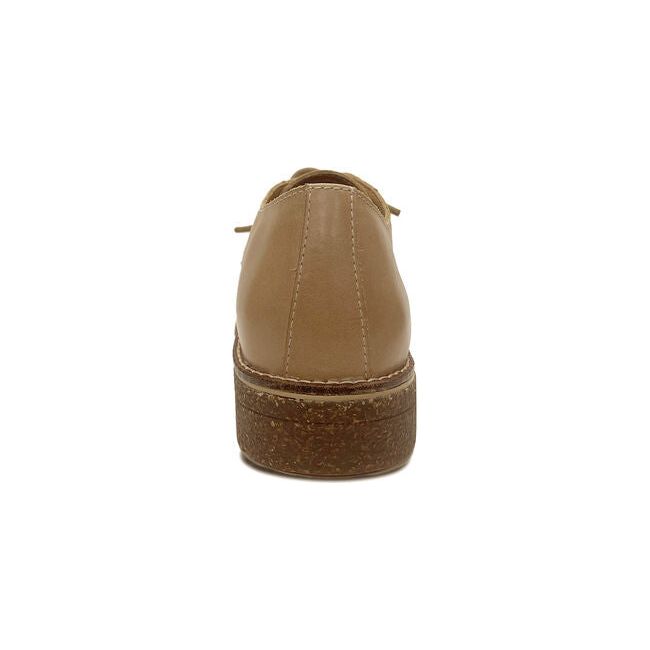 Heel of Womens Aetrex Gina Oxford shoe in tan leather with low block heel