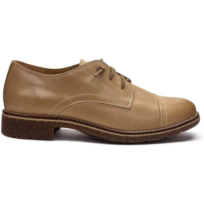 Lateral side of Womens Aetrex Gina Oxford shoe in tan leather with laces and toe cap
