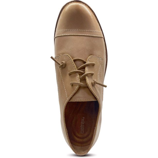 Top down view of Womens Aetrex Gina Oxford shoe in tan leather with laces and toe cap