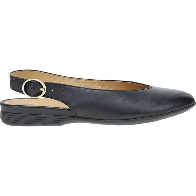 Lateral side of Women's Dansko Lea Flat in black leather with pointed toe and backstrap