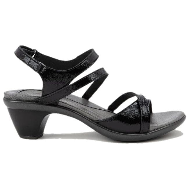 Lateral view of Naot Women's Limit Heel in black crinkle patent leather