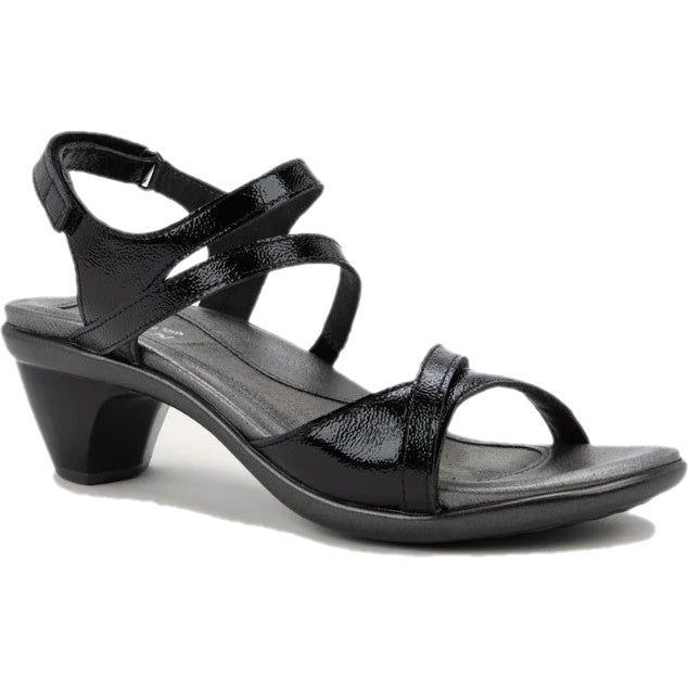 Front angled view of Naot Women's Limit Heel in black crinkle patent leather