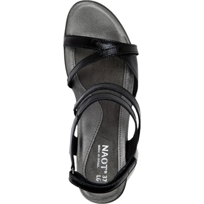 Top down view of Naot Women's Limit Heel in black crinkle patent leather