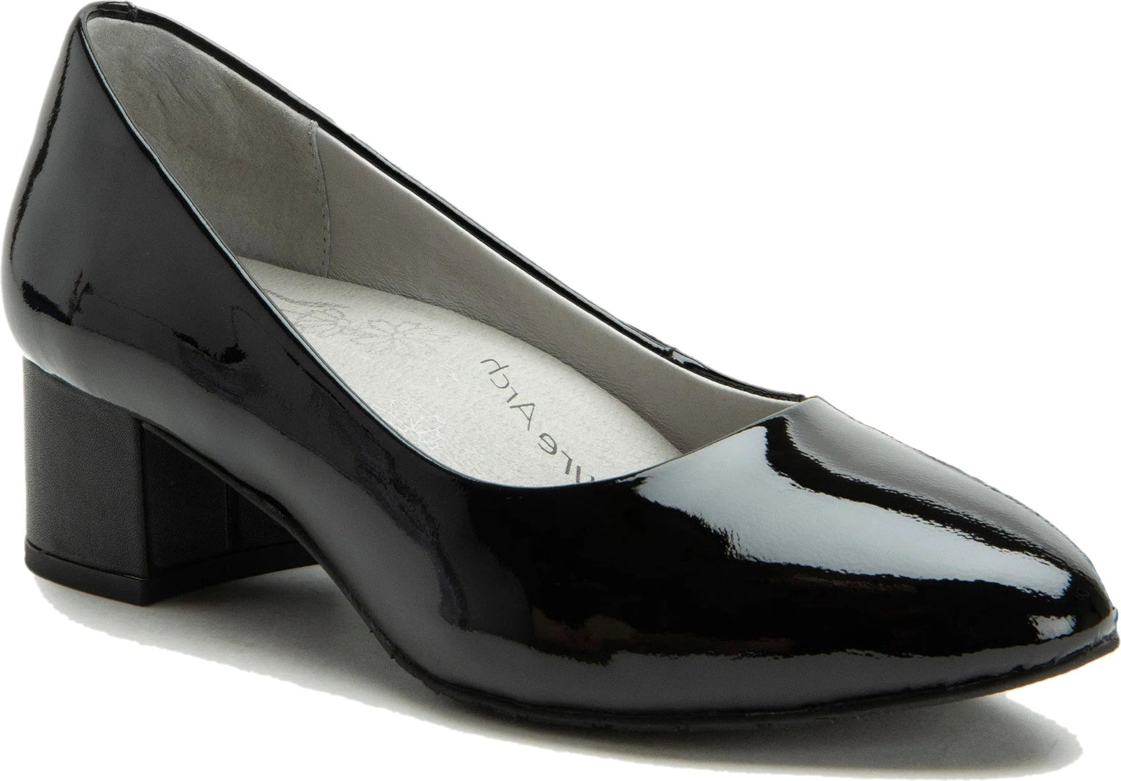 Front angled view of Alegria Women's Lisah Heel in Black Patent Leather