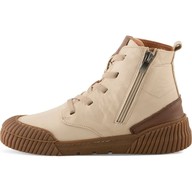 Medial side of Women's Spring Step Lizano high top sneaker in bone beige with tan sole. Side zipper