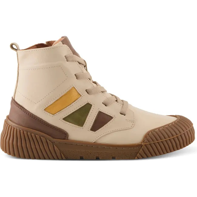 Lateral side of Women's Spring Step Lizano high top sneaker in bone beige with tan sole